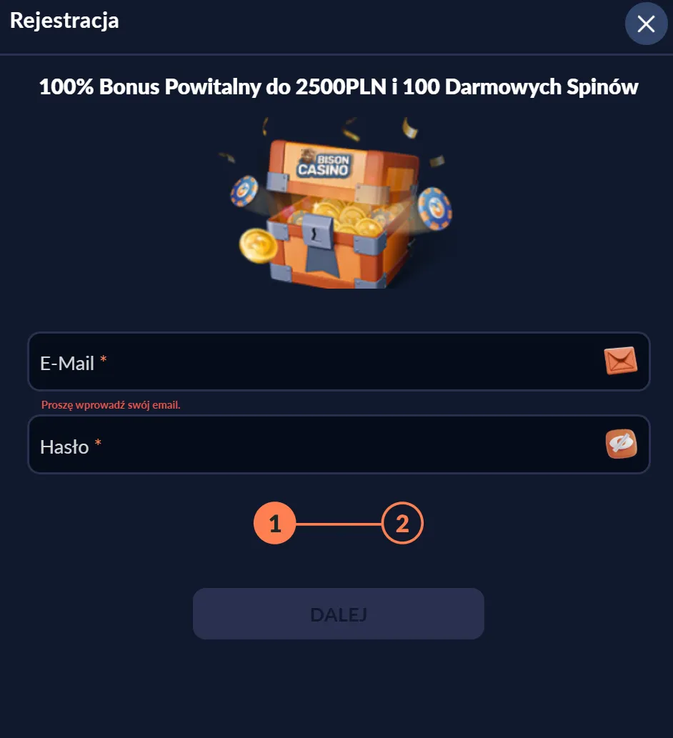 Bison Win Casino – okno rejestracji/logowania z polami e-mail i hasło oraz informacją o bonusie powitalnym